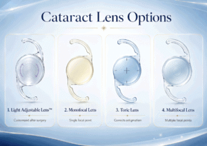 Graphic showing Light Adjustable Lens, monofocal lens, toric lens, and multifocal lens options, illustrating cataract surgery cost factors for Southwest Eye Institute.