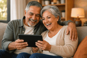 Senior couple laughing at their iPad after learning about vision prescription changes from Southwest Eye Institute..