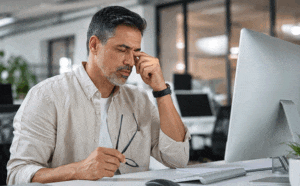 Man at work suffering from eye strain again, he will need dry eye treatment in El Paso, at West Texas Eye Associates.