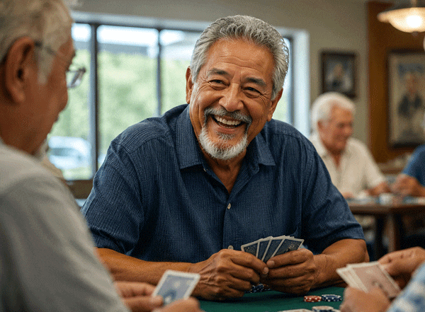 Senior man playing poker with friends after learning more about what are cataracts from Southwest Eye Institute.