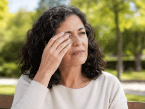 Senior woman suffering from light sensitivity.