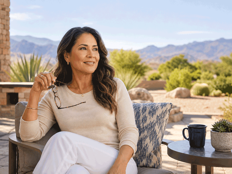 Southwest Eye Institute patient relaxing on a West Texas patio while considering vision prescription changes and updated eyewear needs.