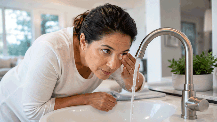 Southwest Eye Institute patient rinsing her eye with clean water after chemical exposure before receiving emergency eye care.