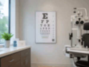 Point-of-view image of a blurred eye chart in a modern exam room, illustrating photophobia causes for Southwest Eye Institute.