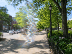 Point-of-view image of a shimmering migraine aura outdoors, illustrating migraine aura as one of the possible photophobia causes for Southwest Eye Institute.
