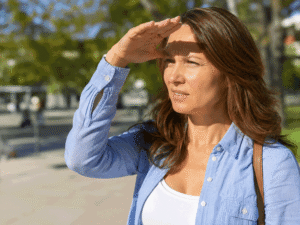 40-year-old woman shielding her eyes from bright sunlight outdoors, illustrating photophobia causes for Southwest Eye Institute.