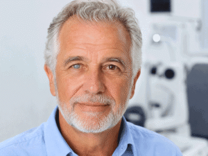 Senior man with a visible cataract in one eye, illustrating cataracts as one of the possible photophobia causes for Southwest Eye Institute.