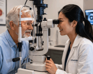 Senior man receiving a slit lamp eye exam from a female eye doctor, illustrating diagnostic evaluation for photophobia causes at Southwest Eye Institute.