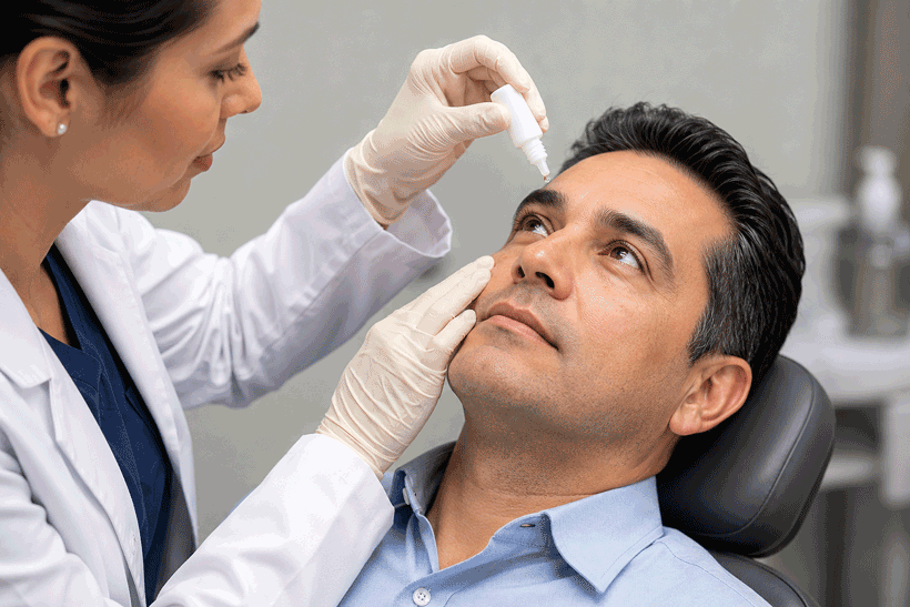 Southwest Eye Institute doctor administering numbing eye drops before pterygium surgery.