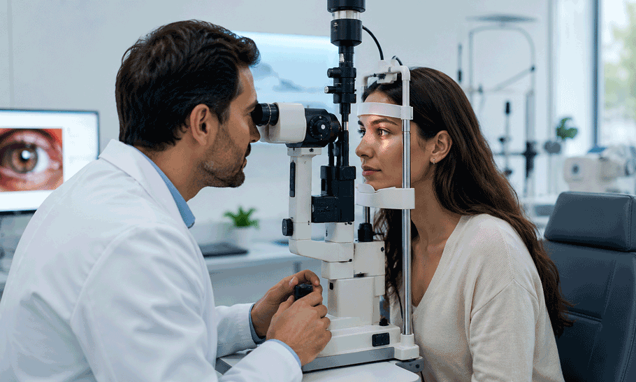 Southwest Eye Institute doctor performing a slit lamp examination to evaluate pterygium in a patient.