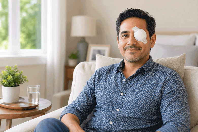 Southwest Eye Institute patient wearing an eye shield during recovery after pterygium surgery.