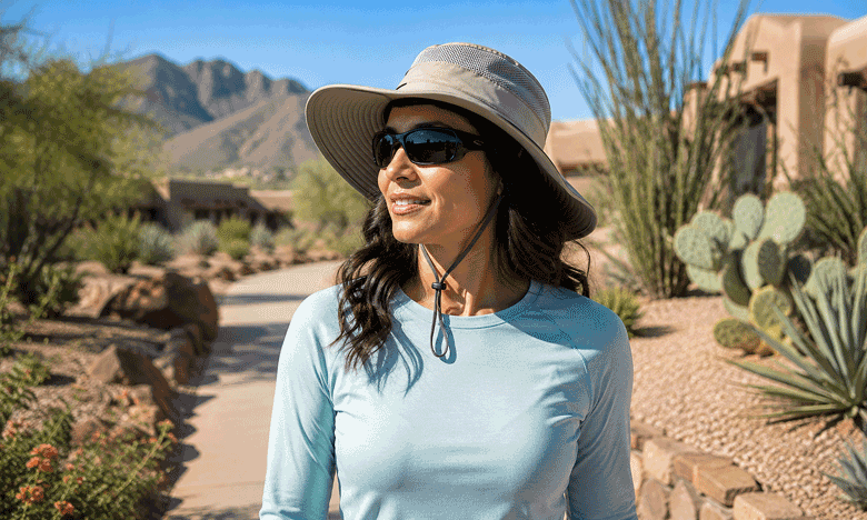 Southwest Eye Institute patient wearing UV-blocking sunglasses and a wide-brimmed hat to help protect against pterygium in the El Paso desert.