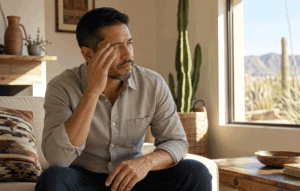 A man experiencing one-sided brow discomfort and light sensitivity away from screen work, illustrating What Does an Eye Strain Headache Feel Like for Southwest Eye Institute.