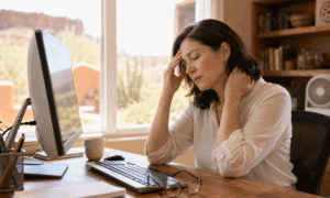 A professional woman with tired eyes and neck tension after computer work, illustrating What Does an Eye Strain Headache Feel Like for Southwest Eye Institute.