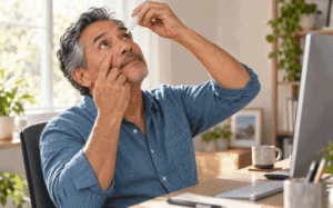 Man using lubricating eye drops during a computer break to relieve temporary dry-eye symptoms.