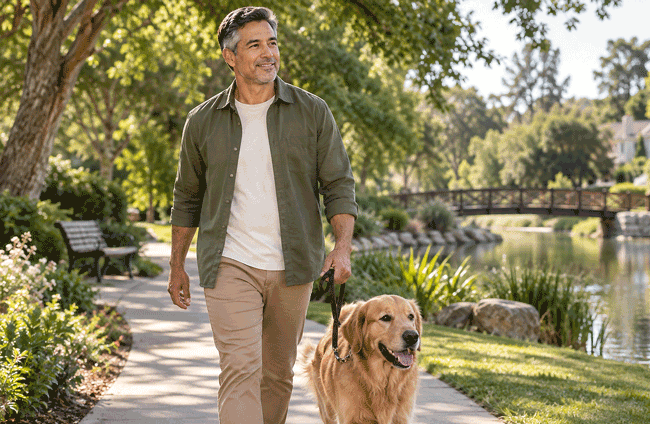 Half-Latino man enjoying a comfortable outdoor walk for Southwest Eye Institute’s guide to whether dry eyes can cause blurry vision.