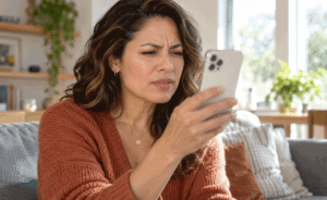 Woman squinting at her phone because dry eyes can cause blurry vision and eye strain.